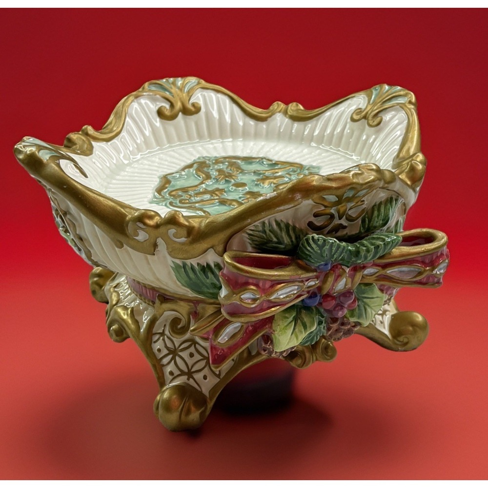 Fitz and Floyd Florentine Christmas Pillar Candleholder Holiday Decor Ceramic‎
